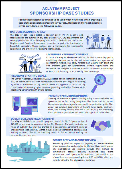 Link to background materials for Alameda County Leadership Academy Team 4's presentation on sponsorship of city programs and facilities.